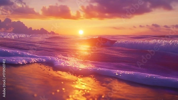 Fototapeta Golden sunset light shimmering across calm seaside waves horizon high resolution picture