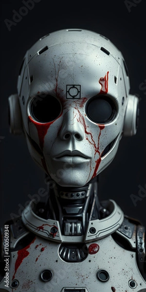 Fototapeta A robot with a face that is missing its eyes and has a bloody wound on its face