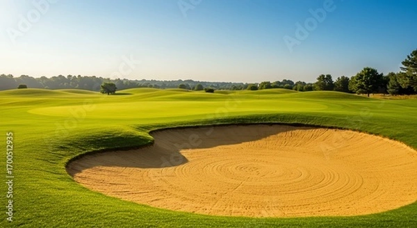 Fototapeta Golf course fairway with sand trap and blue sky