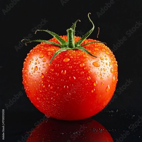 Fototapeta Vibrant red tomato, glistening with water droplets, sits against a dark background, showcasing a rich, juicy, and fresh appearance.