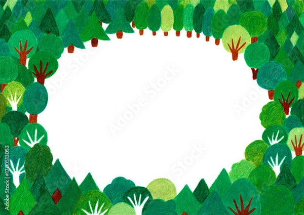 Fototapeta 手描きイラスト　緑の木々に囲まれたフレーム