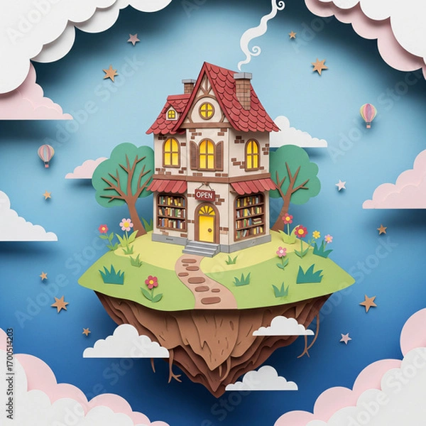 Fototapeta Fantasy Bookstore on a Floating Island: A whimsical paper art illustration of a fairytale scene with clouds and stars