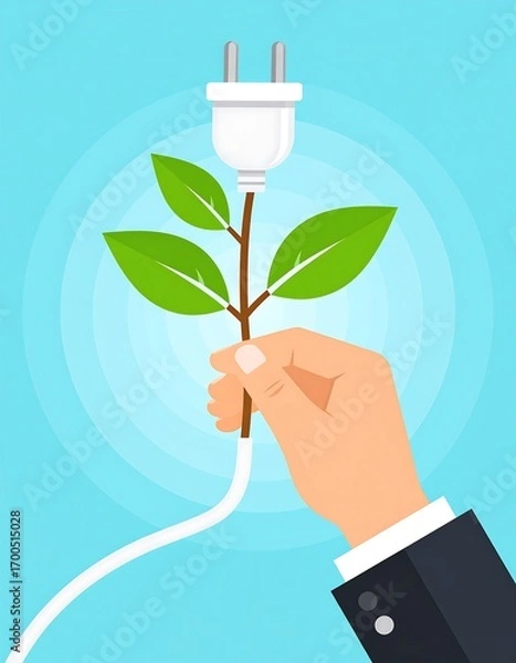 Fototapeta A hand holds a stylized electric plug connected to a plant stem, representing sustainable energy.