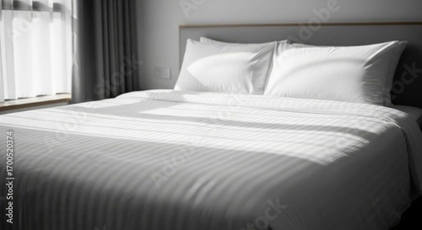 Fototapeta Comfortable Bed with White Linens in a Bright Room.