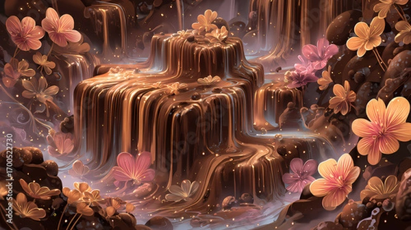 Fototapeta Chocolate waterfall a huge cascade of chocolate pouring