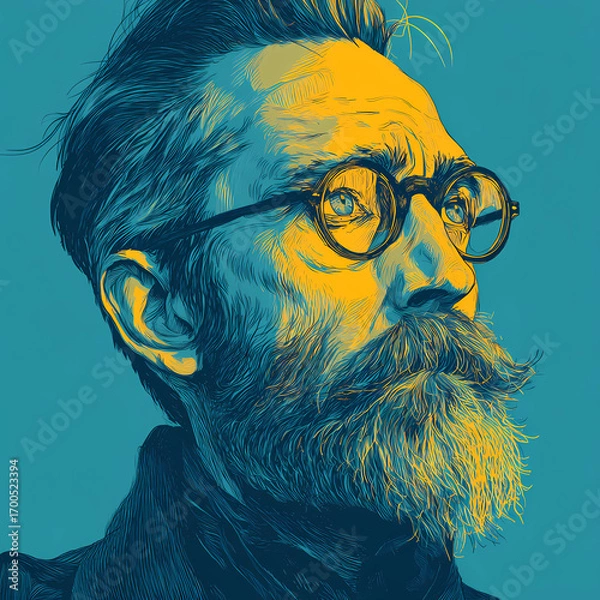 Fototapeta Portrait a man with a neatly trimmed beard round glassed