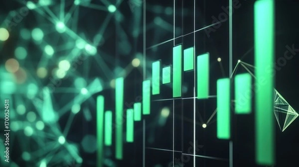 Fototapeta Abstract financial chart with upward trending green bars and network connections for stock market analysis and growth