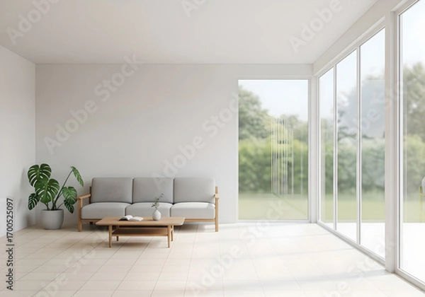 Fototapeta Minimalist Living Room with Large Windows and a Garden View