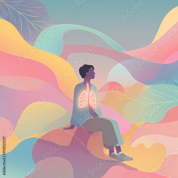 Fototapeta Calm breathing a character sitting with glowing lungs