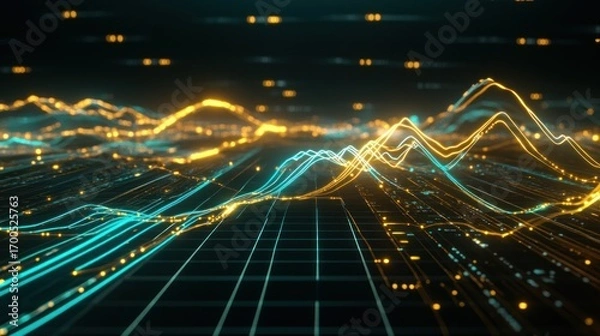 Fototapeta Abstract data visualization with glowing lines representing financial trends and market analysis on a dark background