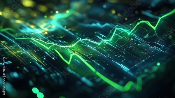 Fototapeta Abstract glowing green line graph overlaying a circuit board design background