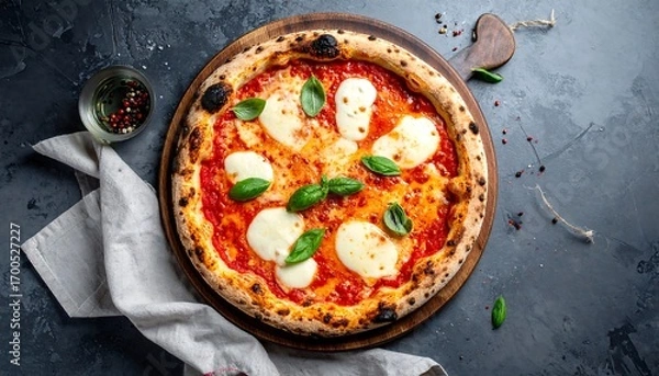 Fototapeta A delicious, freshly baked pizza with melted mozzarella cheese, vibrant tomato sauce, and fresh basil leaves sits on a rustic wooden board, against a dark grey stone background.