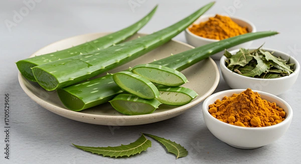 Fototapeta Close-up of aloe vera leaves sliced open with gel visible, placed on a ceramic plate next to dried neem leaves and turmeric powder in small bowls. Minimalist healing concept with clean background.