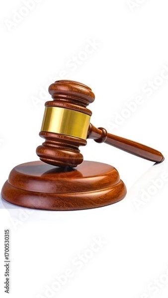 Fototapeta A polished wooden gavel rests on its base, showcasing a rich mahogany hue and a gold-toned band.