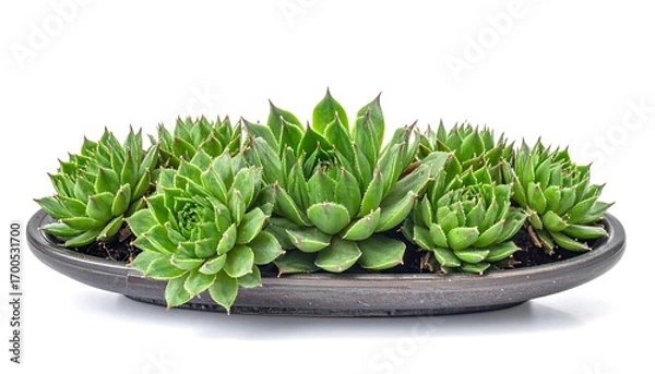 Fototapeta A collection of vibrant, bright green succulents arranged artfully in a dark brown, oblong planter.