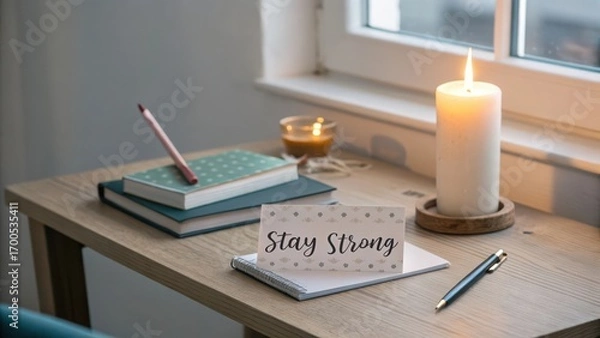 Fototapeta Cozy Workspace with Stay Strong Motivational Note and Candlelight