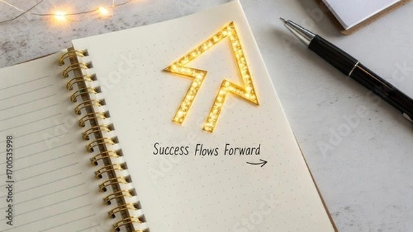 Fototapeta Bright Arrow Sign with Text in Notebook on Marble Background