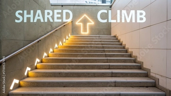 Fototapeta Bright Stairs with Neon Sign for Collaborative Growth and Unity