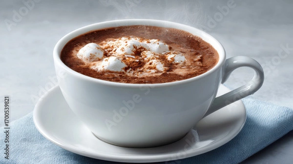Fototapeta steaming cup of rich hot chocolate topped with fluffy marshmallows and sprinkled with shredded coconut