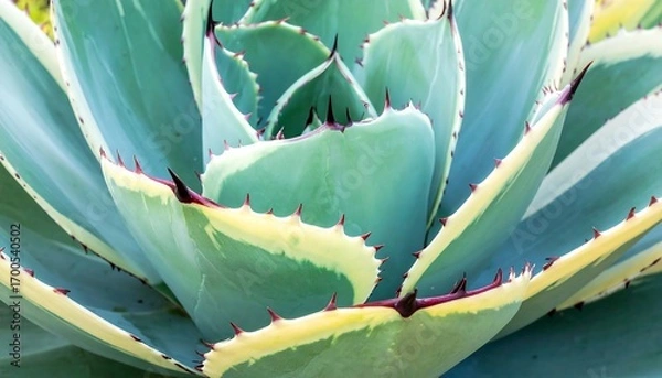 Fototapeta Close-up view of a vibrant agave plant, showcasing its striking teal-green leaves with intricate patterns of yellow and red spines.
