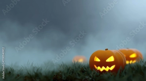 Fototapeta Halloween pumpkin patch background with glowing lanterns and fog