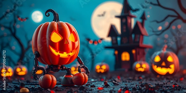 Fototapeta Halloween background with 3D pumpkin robot