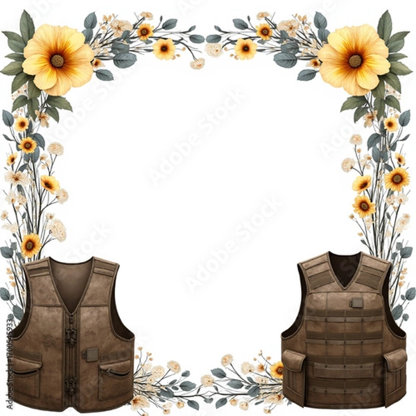 Fototapeta greeting card, invitation template, floral arrangement, empty center, text space, natural art, watercolor effect, 