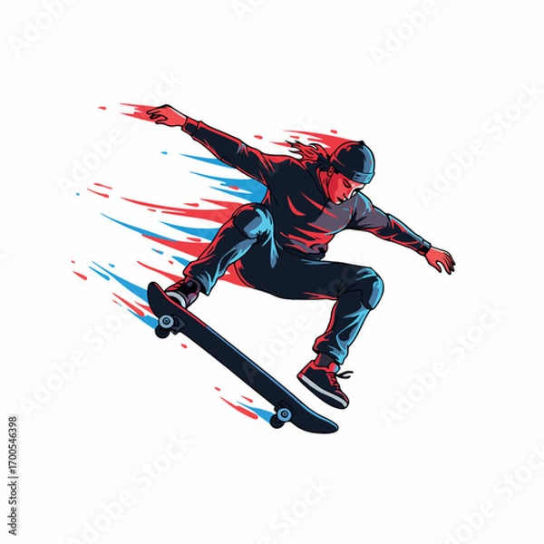 Obraz Energetic skateboarder illustration with motion trails and red tones, highlighting urban speed and style