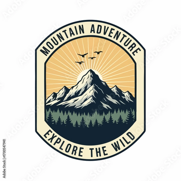 Obraz Retro outdoor adventure badge with mountain peaks and sun rays, perfect for camping and hiking branding