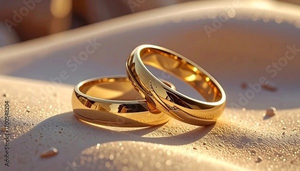 Obraz Two gold wedding rings on a light beige surface