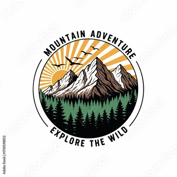 Obraz Circular retro mountain badge with forest and sun rays, symbolizing nature exploration and outdoor lifestyle