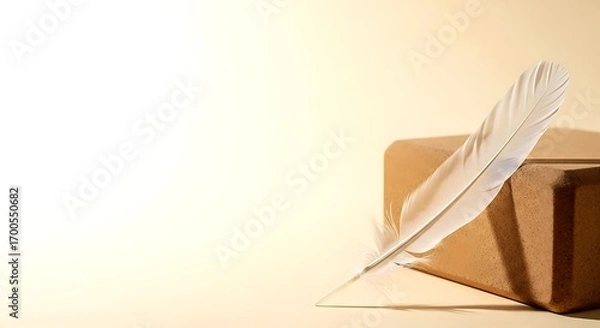 Fototapeta White Feather on Cream Yoga Block with Minimal Airy Background