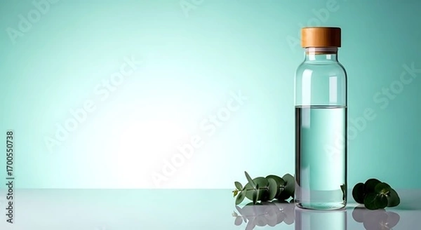 Fototapeta Clear Glass Water Bottle with Bamboo Lid and Eucalyptus on Soft Teal Gradient Background