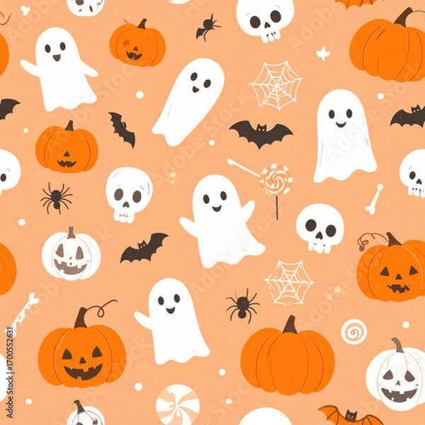 Obraz Cute Halloween pattern with ghosts, pumpkins, skulls, bats, and candy on orange background