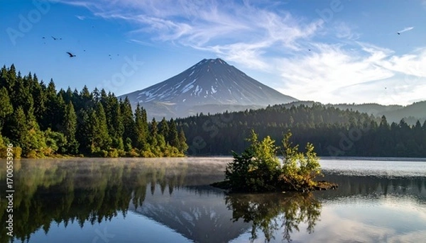 Fototapeta Snow-patched mountains, mist-filled valleys, evergreen forests, and sunlit meadows under a gradient sky, evoking serenity, natural diversity, and the quiet magic of dawn or dusk.