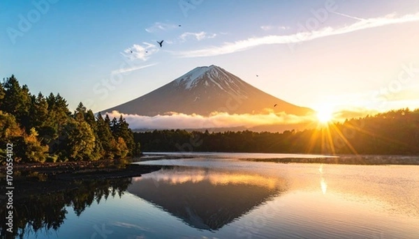 Fototapeta Snow-patched mountains, mist-filled valleys, evergreen forests, and sunlit meadows under a gradient sky, evoking serenity, natural diversity, and the quiet magic of dawn or dusk.