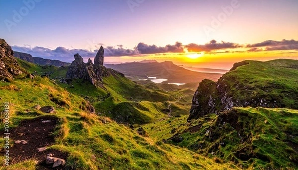 Fototapeta Snow-patched mountains, mist-filled valleys, evergreen forests, and sunlit meadows under a gradient sky, evoking serenity, natural diversity, and the quiet magic of dawn or dusk.