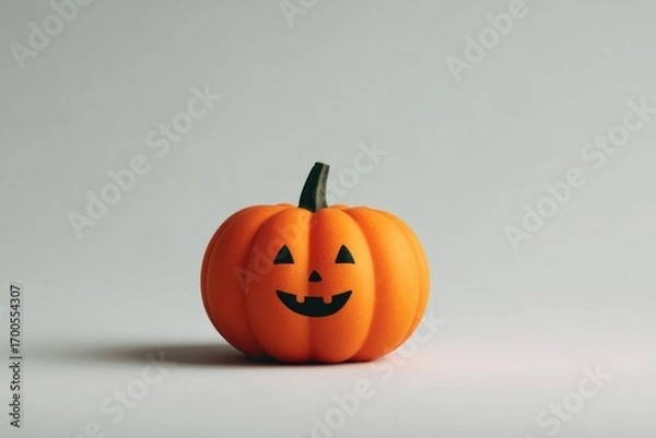Fototapeta Smiling pumpkin with carved face sits against neutral background