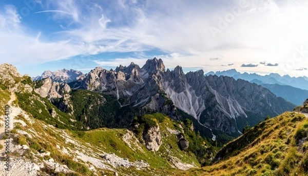 Fototapeta Panoramic view of snow-covered mountains at sunset, with golden light casting dramatic shadows across rugged peaks and valleys, evoking serenity, elevation, and the sublime beauty of winter.