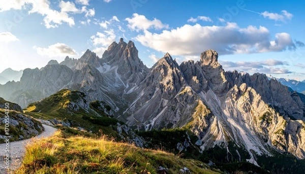Fototapeta Panoramic view of snow-covered mountains at sunset, with golden light casting dramatic shadows across rugged peaks and valleys, evoking serenity, elevation, and the sublime beauty of winter.
