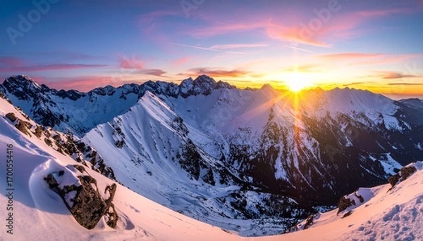 Fototapeta Panoramic view of snow-covered mountains at sunset, with golden light casting dramatic shadows across rugged peaks and valleys, evoking serenity, elevation, and the sublime beauty of winter.