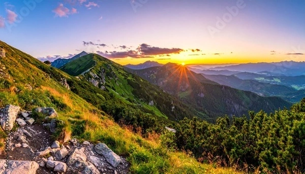 Fototapeta Snow-patched mountains, mist-filled valleys, evergreen forests, and sunlit meadows under a gradient sky, evoking serenity, natural diversity, and the quiet magic of dawn or dusk.