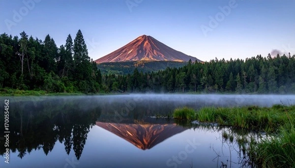 Fototapeta Mount Fuji at sunrise with birds in flight and golden reflections on calm water, evoking tranquility, cultural reverence, and the poetic symmetry of nature.
