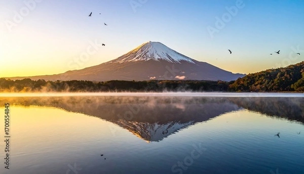 Fototapeta Mount Fuji at sunrise with birds in flight and golden reflections on calm water, evoking tranquility, cultural reverence, and the poetic symmetry of nature.