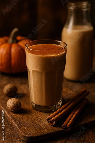 Obraz Pumpkin Spice Almond Milk in a Glass with Cinnamon and Nutmeg – Cozy Autumn Drink