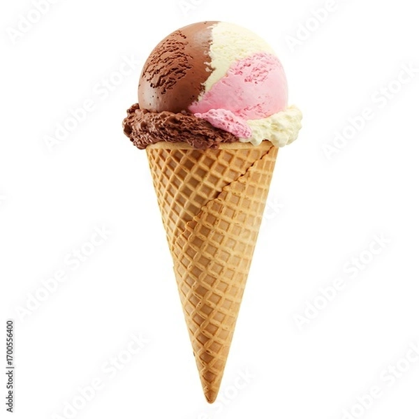 Fototapeta Neapolitan Ice Cream Cone  Chocolate, Strawberry and Vanilla Scoop