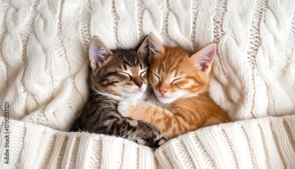 Obraz Two kittens cuddling on a knitted blanket