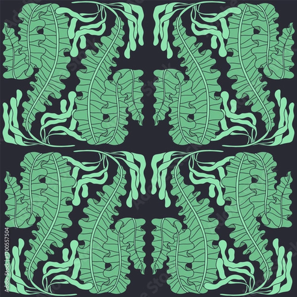 Fototapeta Seaweed abstract botanical coastal seamless pattern art nouveau style. Hand drawn algae repeat background