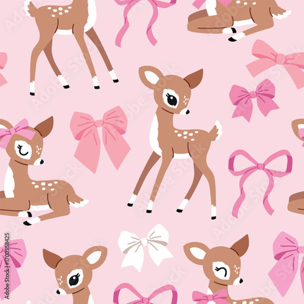 Fototapeta Seamless vector pattern with vintage deer and bows. Hand drawn cute fawn pattern. Perfect for textile, wallpaper or nursery print design. EPS10 vector file. Editable illustration on isolated backgroun