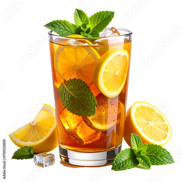 Obraz Freshly prepared iced lemon tea in a clear glass with condensation, mint leaves on a transparent background